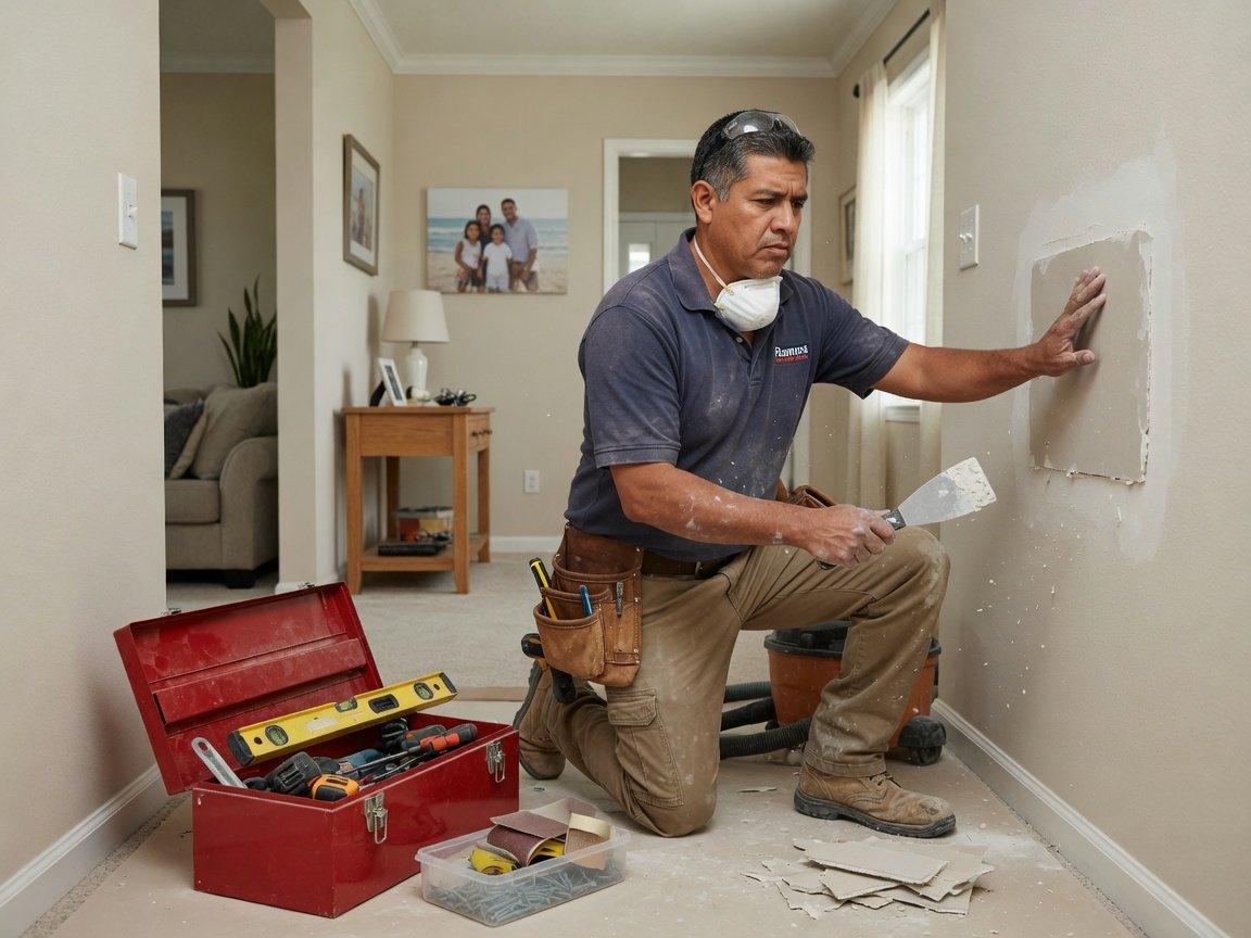 Hispanic handyman repairing drywall in a residential home