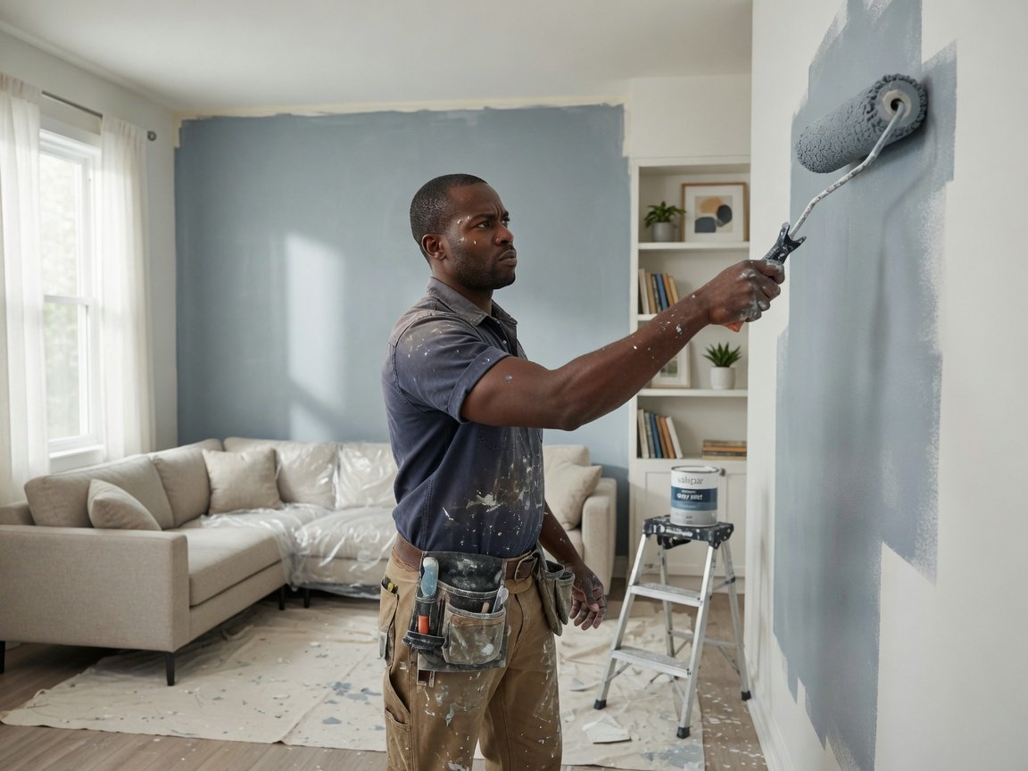 Black man painting interior walls with a roller
