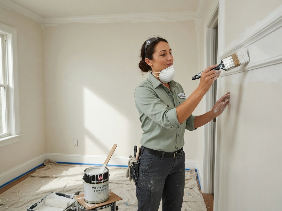 Professional woman painting interior wall trim with a brush