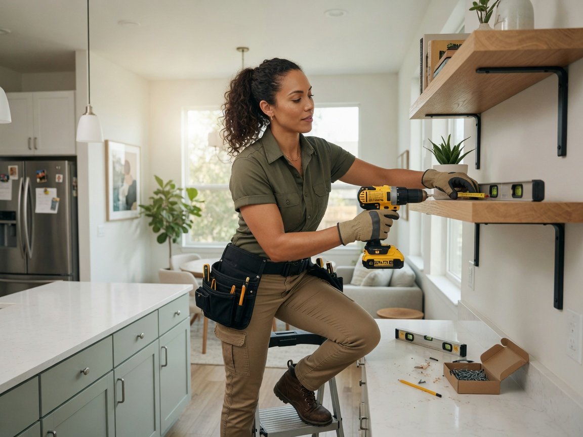 Professional woman handyman installing shelves and hardware